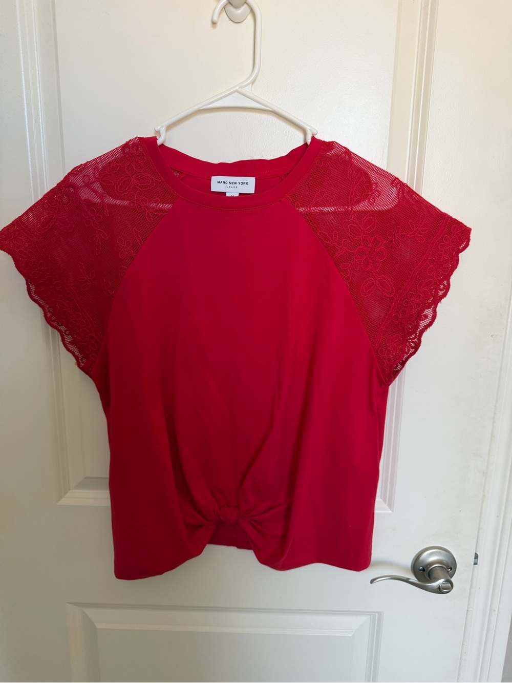 Marc New York Red Lace Sleeve Knot-Front Tee